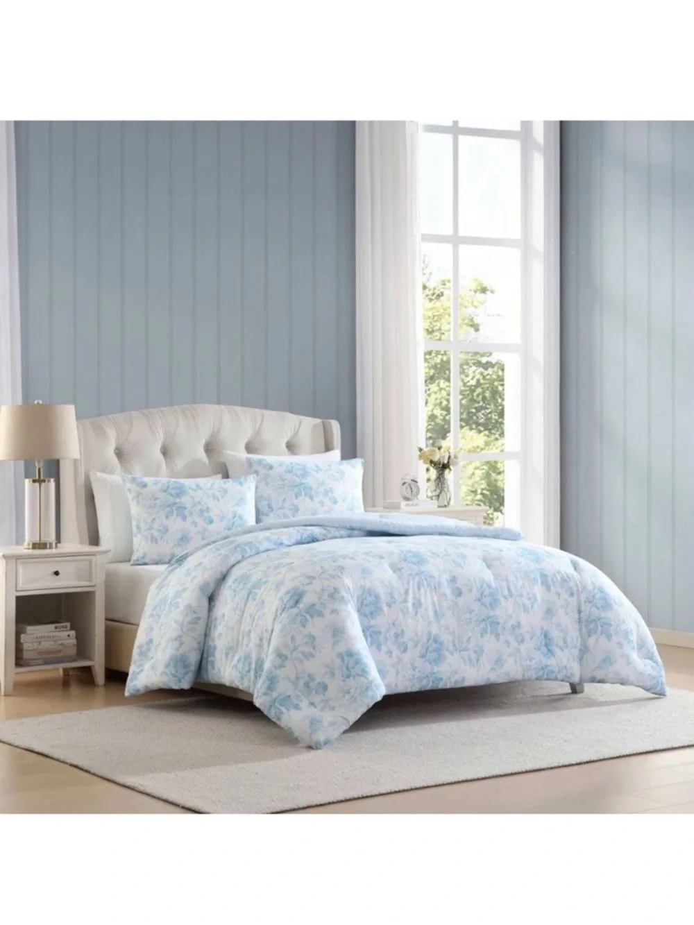 Gorgeous Laura Ashley 7pc Full/Queen Anja Comforter Bedding Set Toile Blue